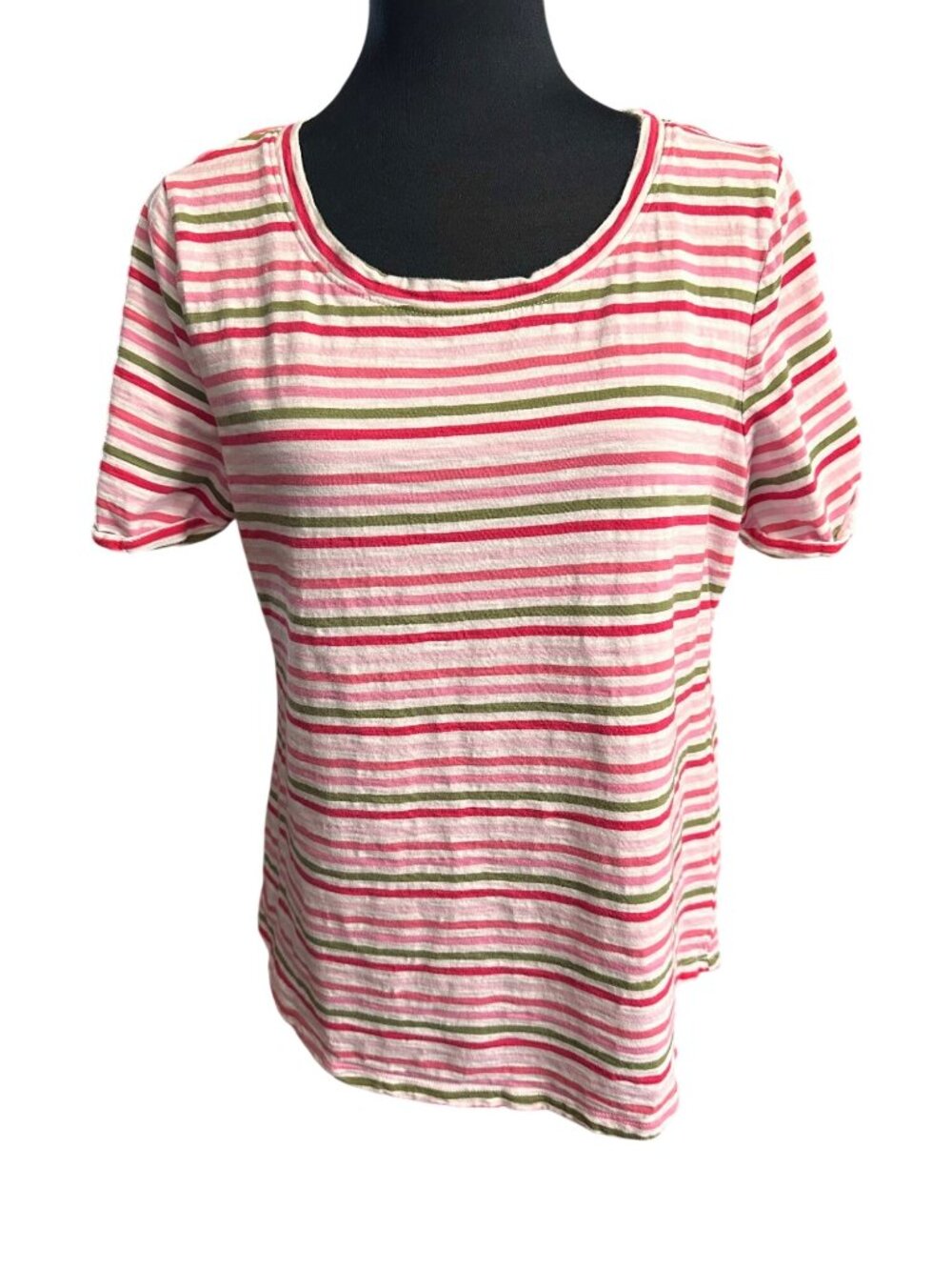 Talbots Shirt Size L Women Striped Red Pink Green White Short Sleeve